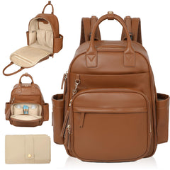 Omanmoli diaper bag backpack shows premium faux leather exterior with gold hardware for stylish on-the-go parenting
