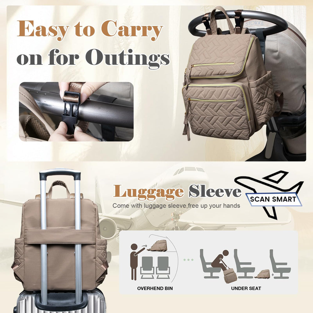 Omanmoli diaper bag backpack luggage sleeve eases travel between locations.