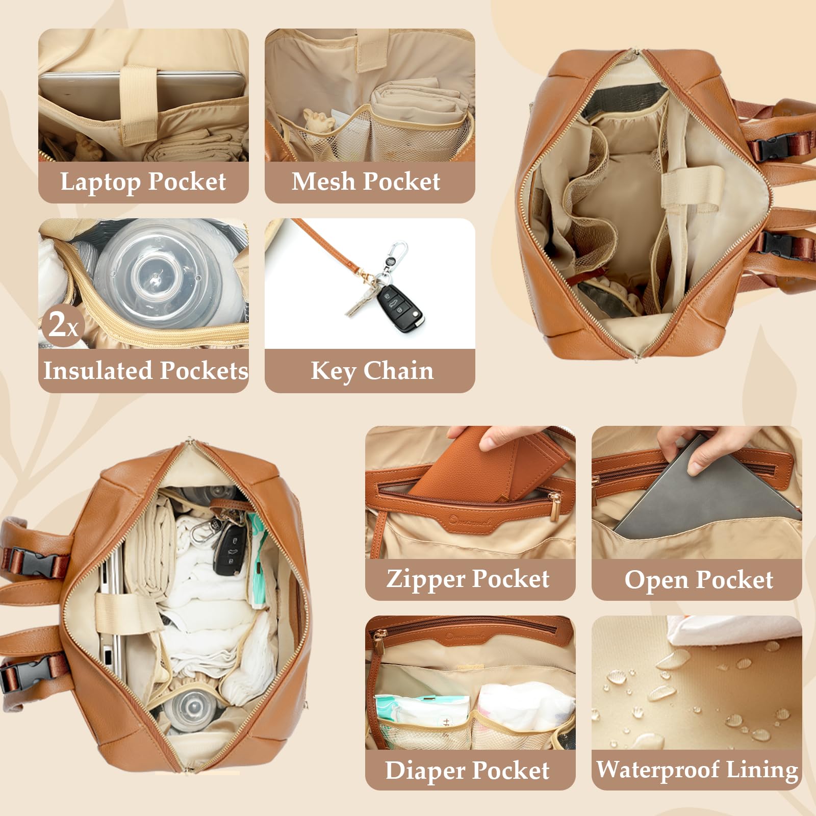 Omanmoli diaper bag backpack materials detail: faux leather outer and waterproof lining