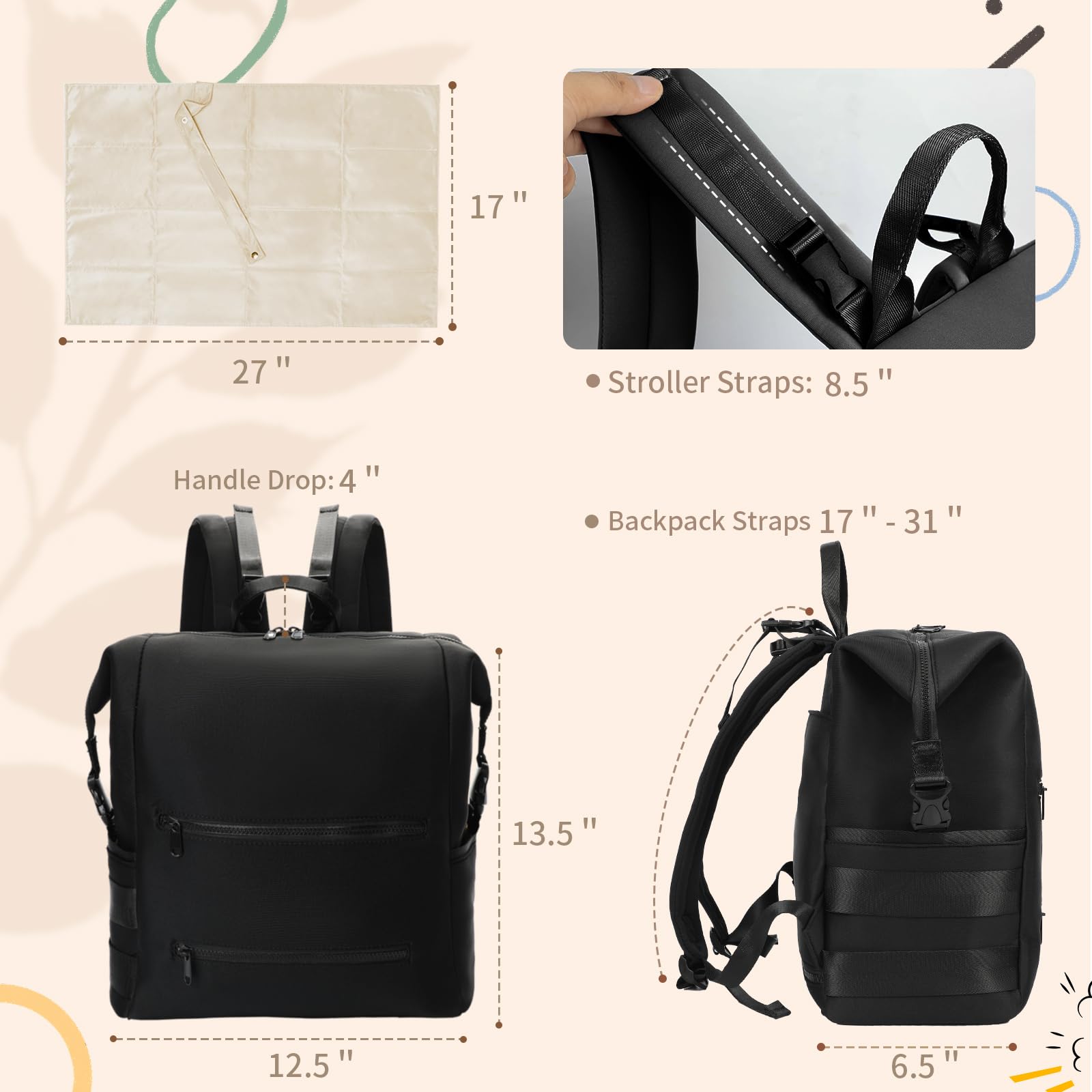 Omanmoli diaper bag backpack neoprene fabric texture highlighting durability for daily use.