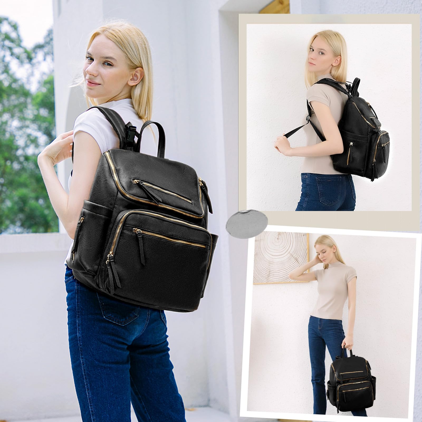 Omanmoli diaper bag front view with stylish leather finish for daily use.