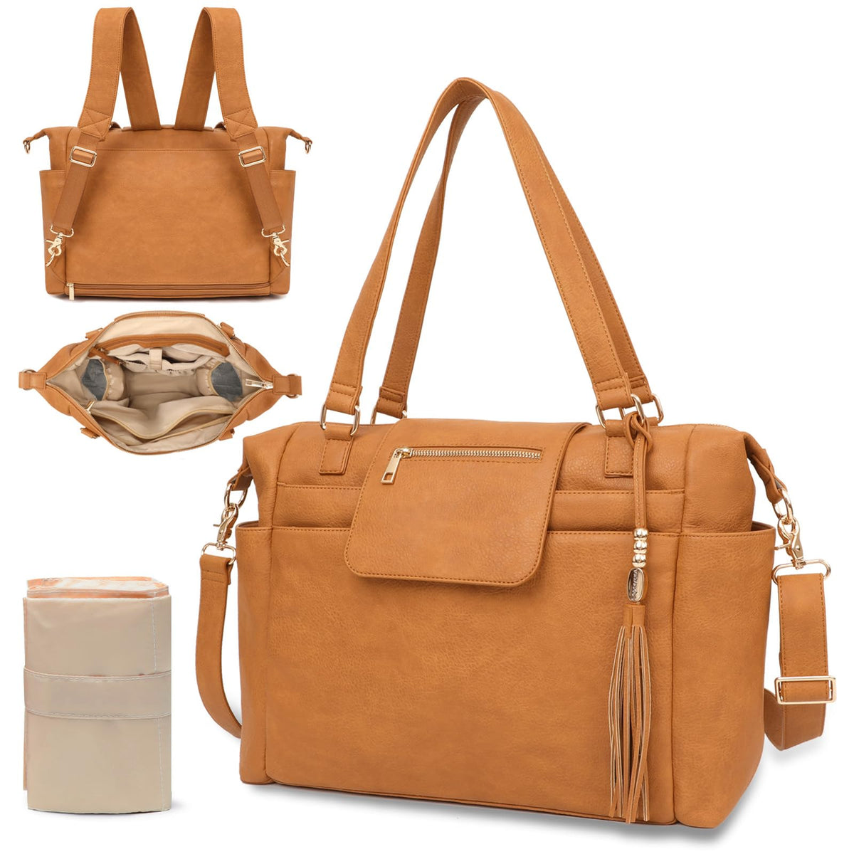 Omanmoli diaper bag tote honey leather material for a premium daily travel look.