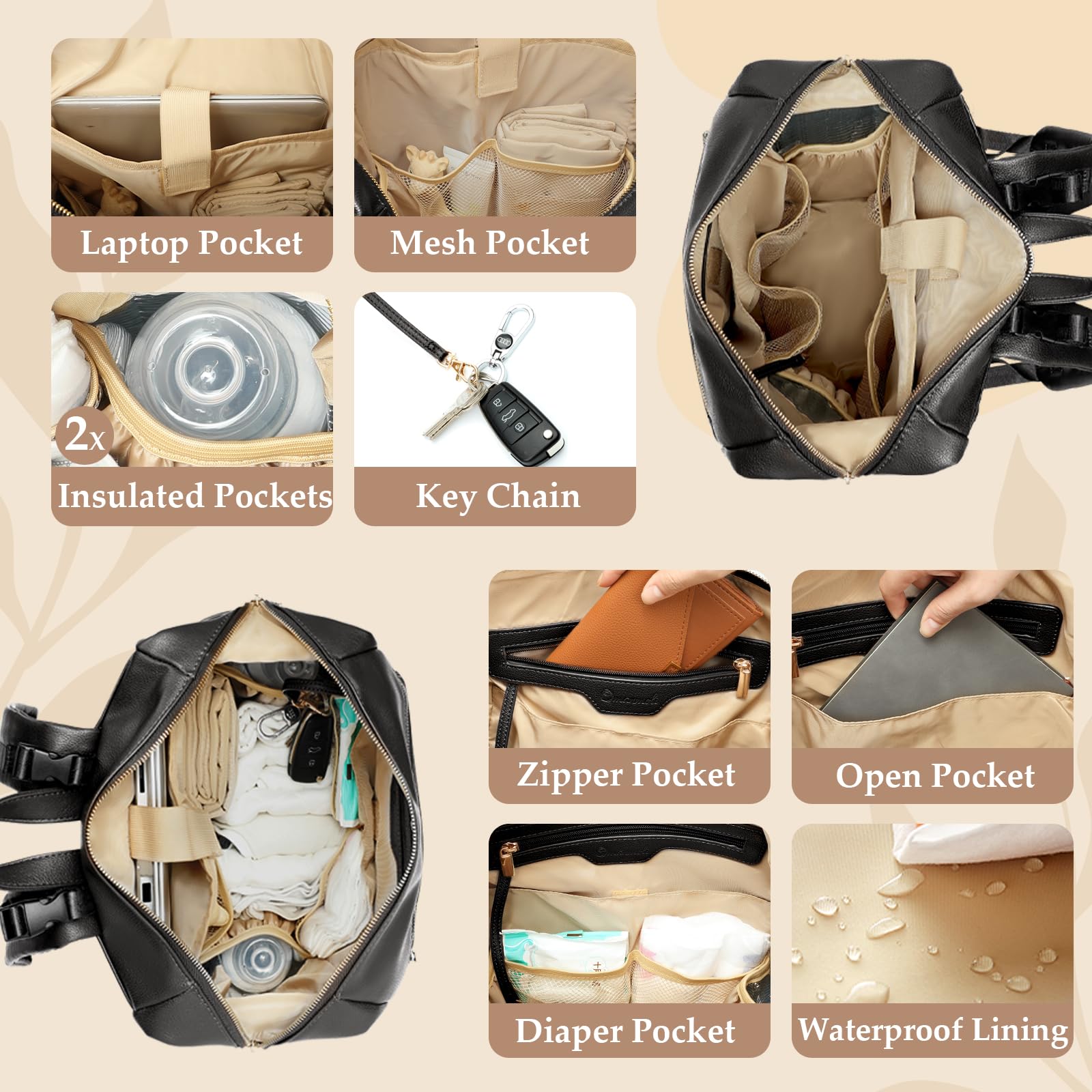 Omanmoli diaper bag backpack interior with 15 pockets to organize essentials.