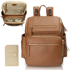 Omanmoli diaper bag backpack brown front view shows organized storage for busy families on the go