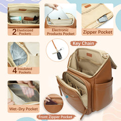 Omanmoli brown insulated pockets image demonstrates temperature controlled storage for bottles and meals
