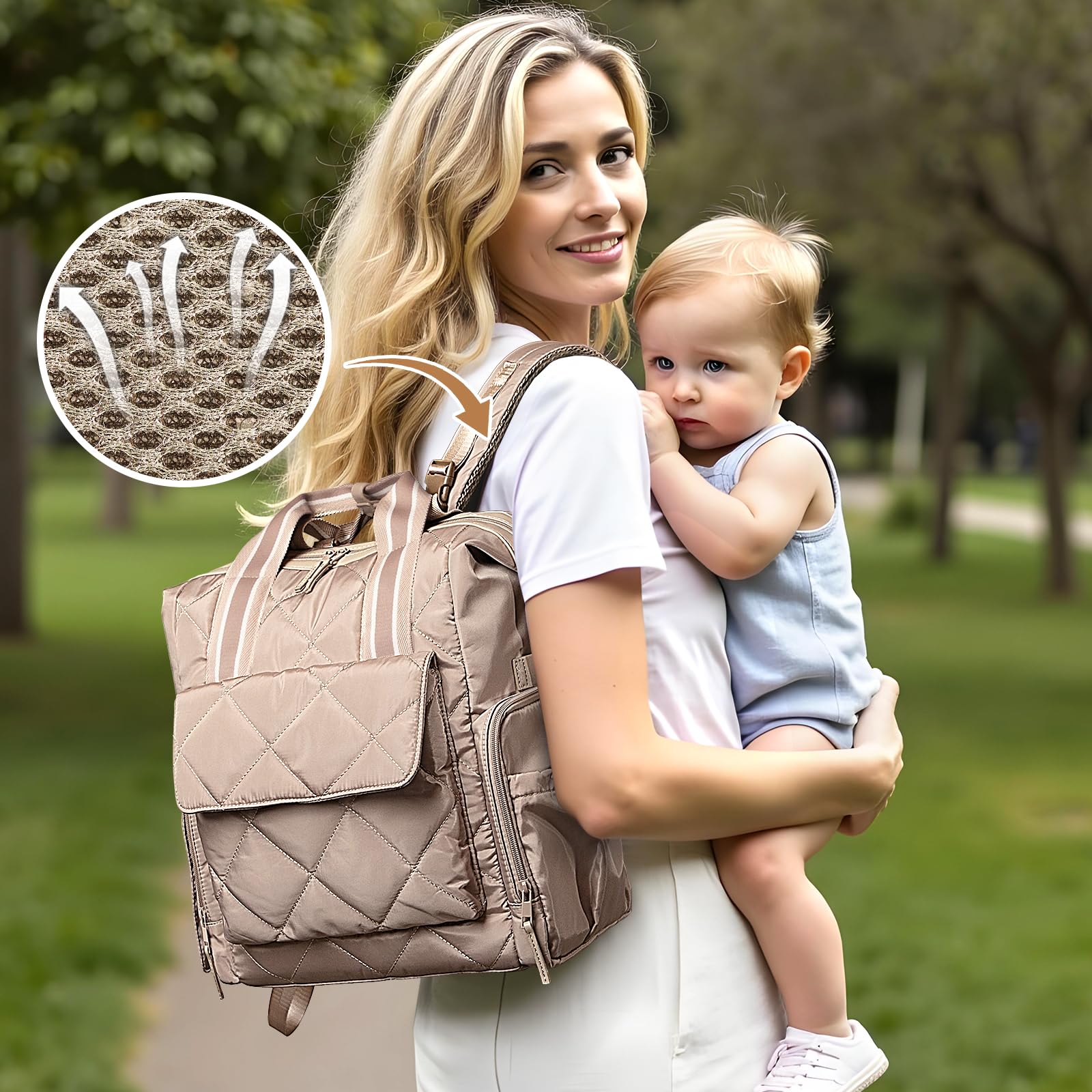 Omanmoli quilted diaper bag backpack khaki daily-use style for modern families