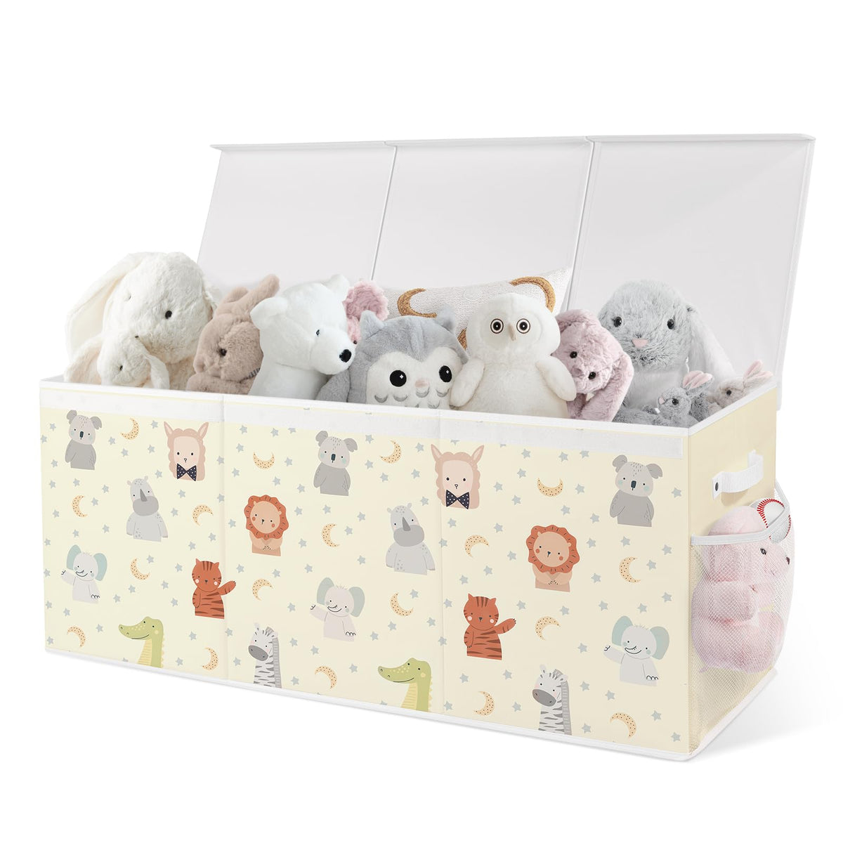 omedecal extra large collapsible toy box with lids shows 124L capacity for plush toys and books
