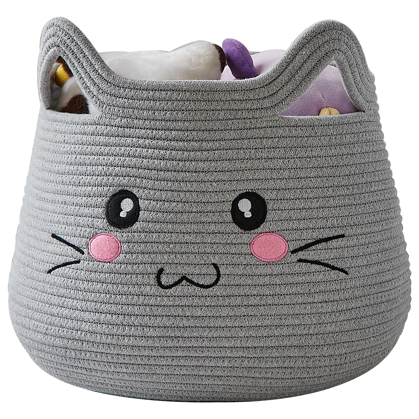 OMERAI cat basket front view highlights durable cotton rope for toy storage.