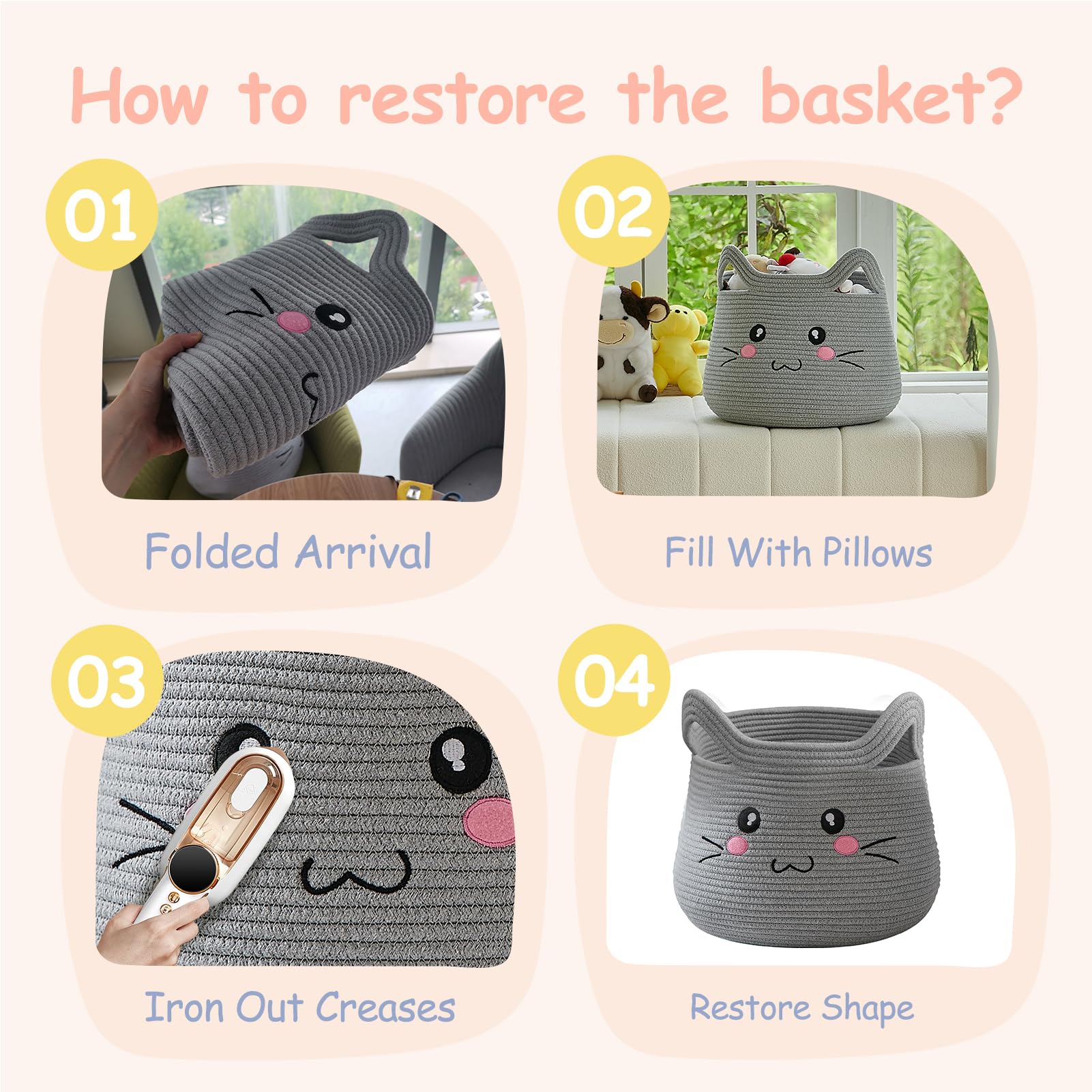 OMERAI cat basket with grey eyes adds cute decor while concealing items.