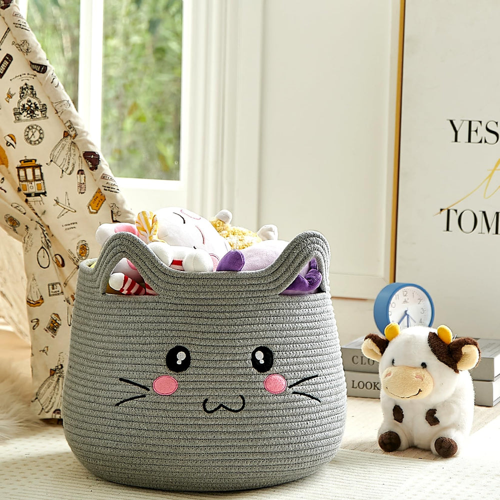 OMERAI cat basket near kids play area promotes tidy toy storage.