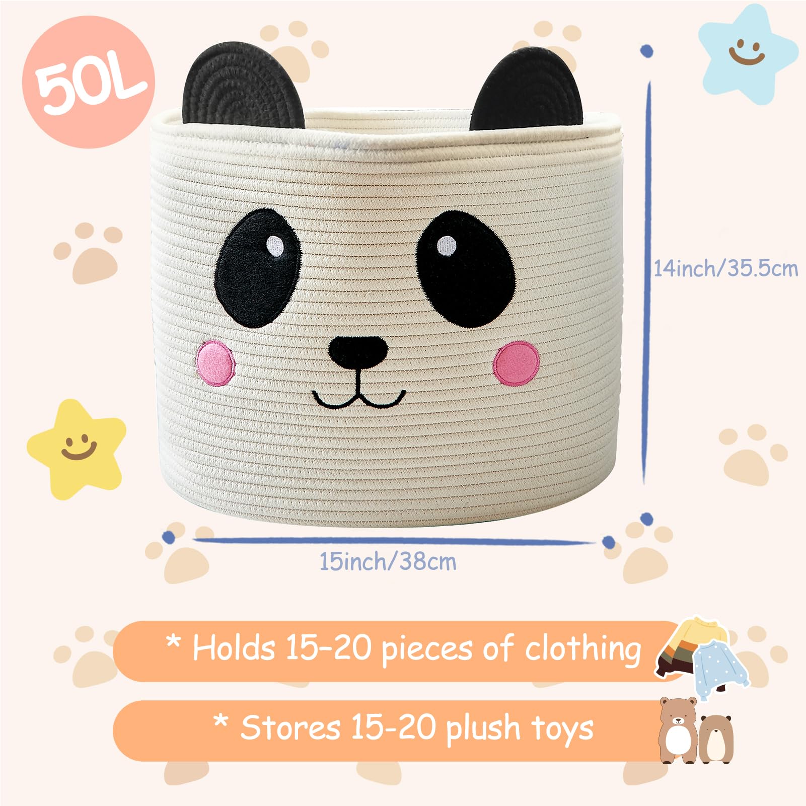 OMERAI panda-design basket close-up shows thick stitching and durable craftsmanship