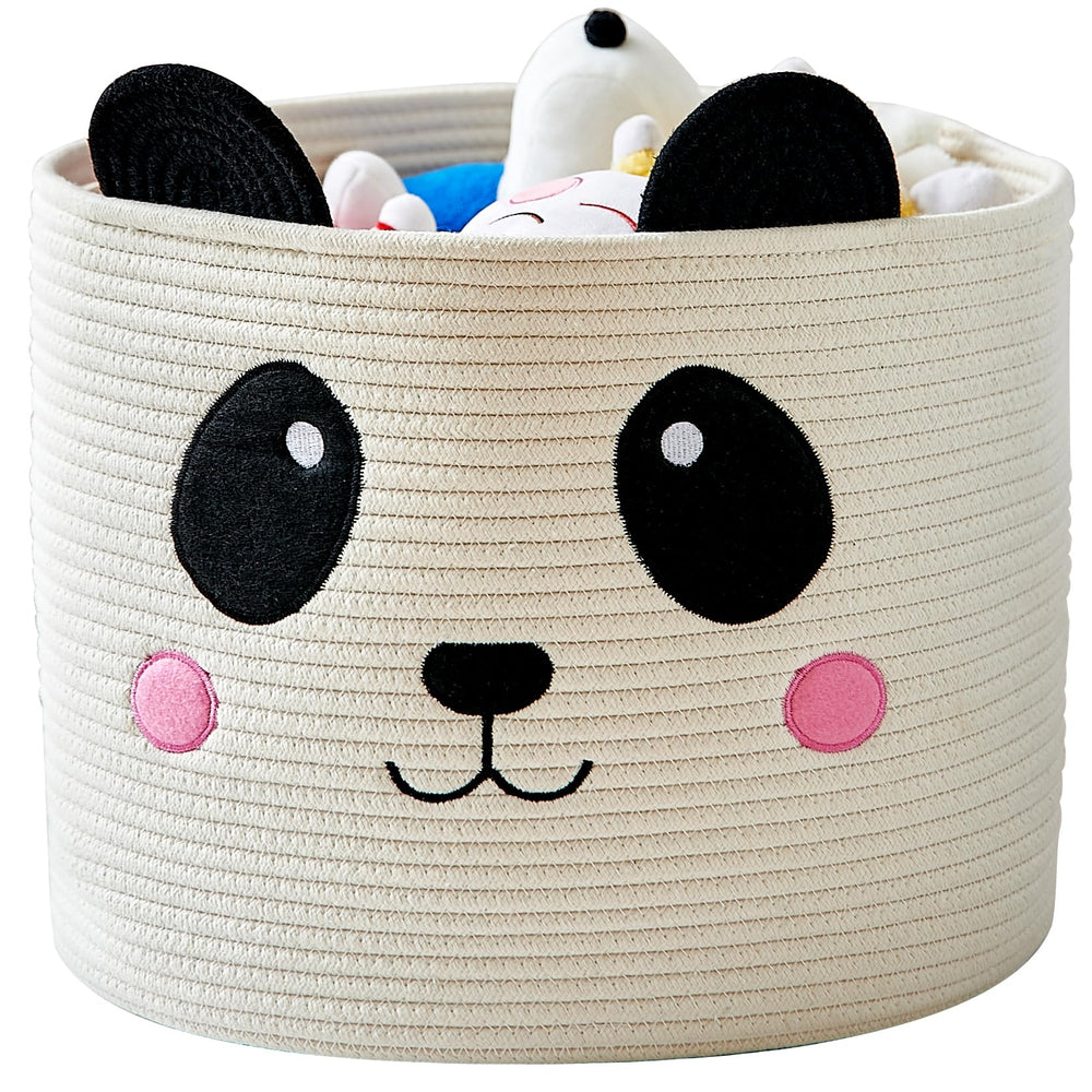 OMERAI panda-design cotton rope basket front view with sturdy handles for easy laundry transport