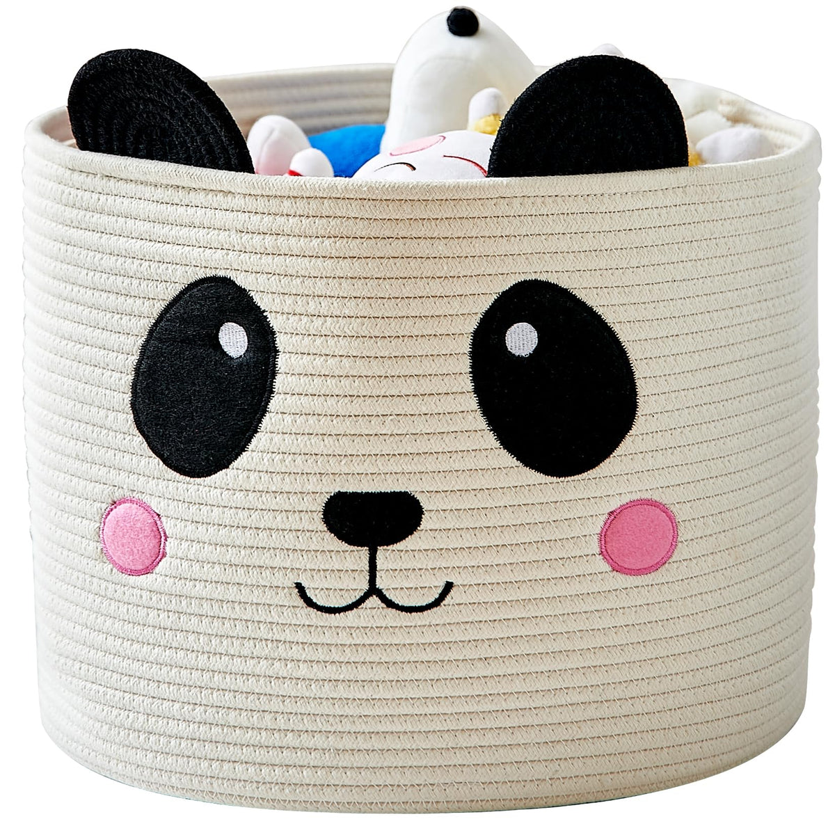 OMERAI panda-design cotton rope basket front view with sturdy handles for easy laundry transport