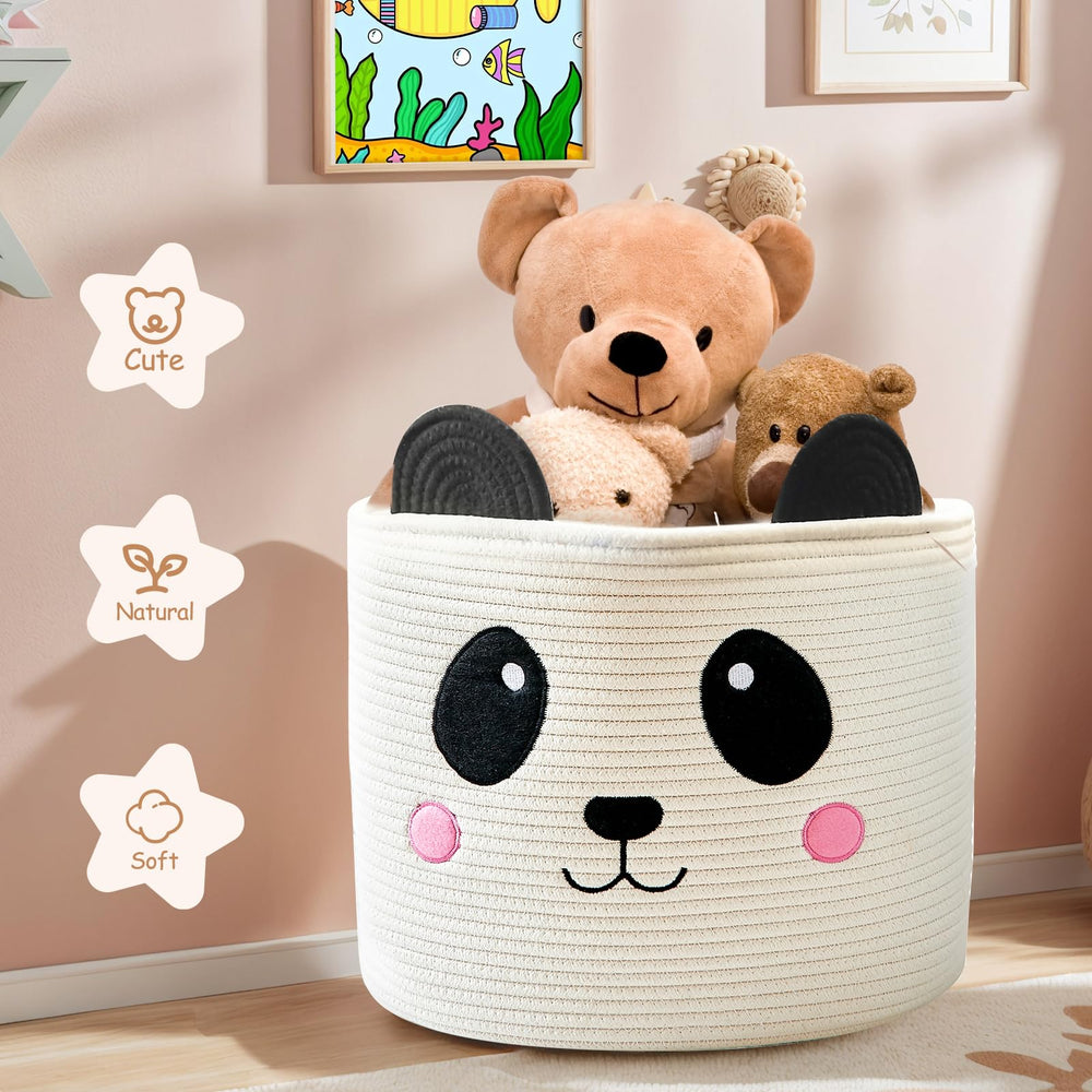 OMERAI panda-design cotton rope basket used in laundry setup highlighting breathable material