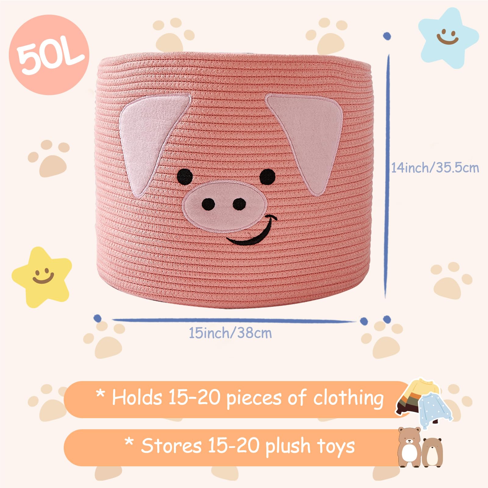 OMERAI foldable pink cotton rope basket with durable handles for easy carrying.