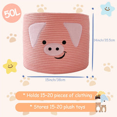 OMERAI foldable pink cotton rope basket with durable handles for easy carrying.