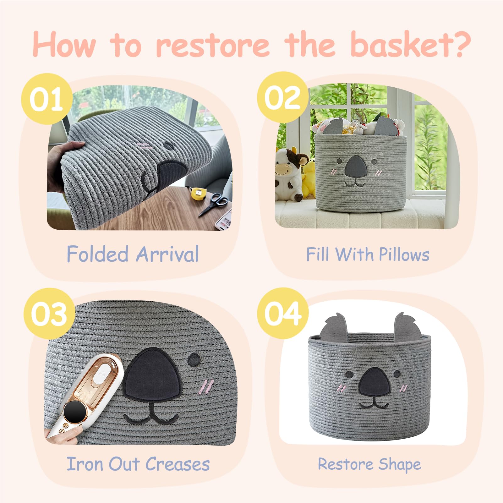 OMERAI grey woven basket closeup highlights texture and sturdy construction.