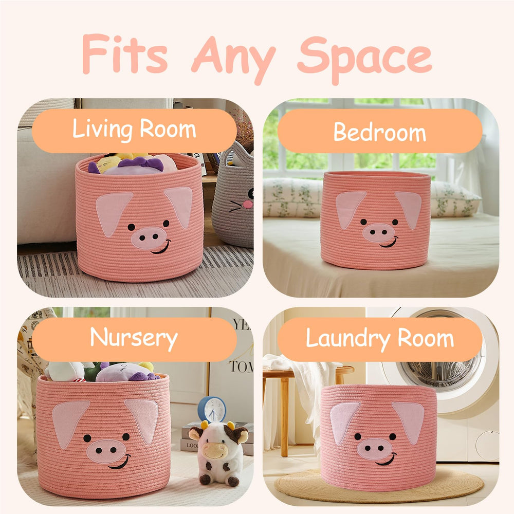 OMERAI pig-design woven basket placed in child’s room for cute organization.