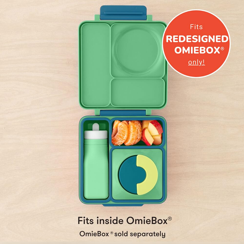 Omie silicone water bottle inside OmieBox saves lunchbox space