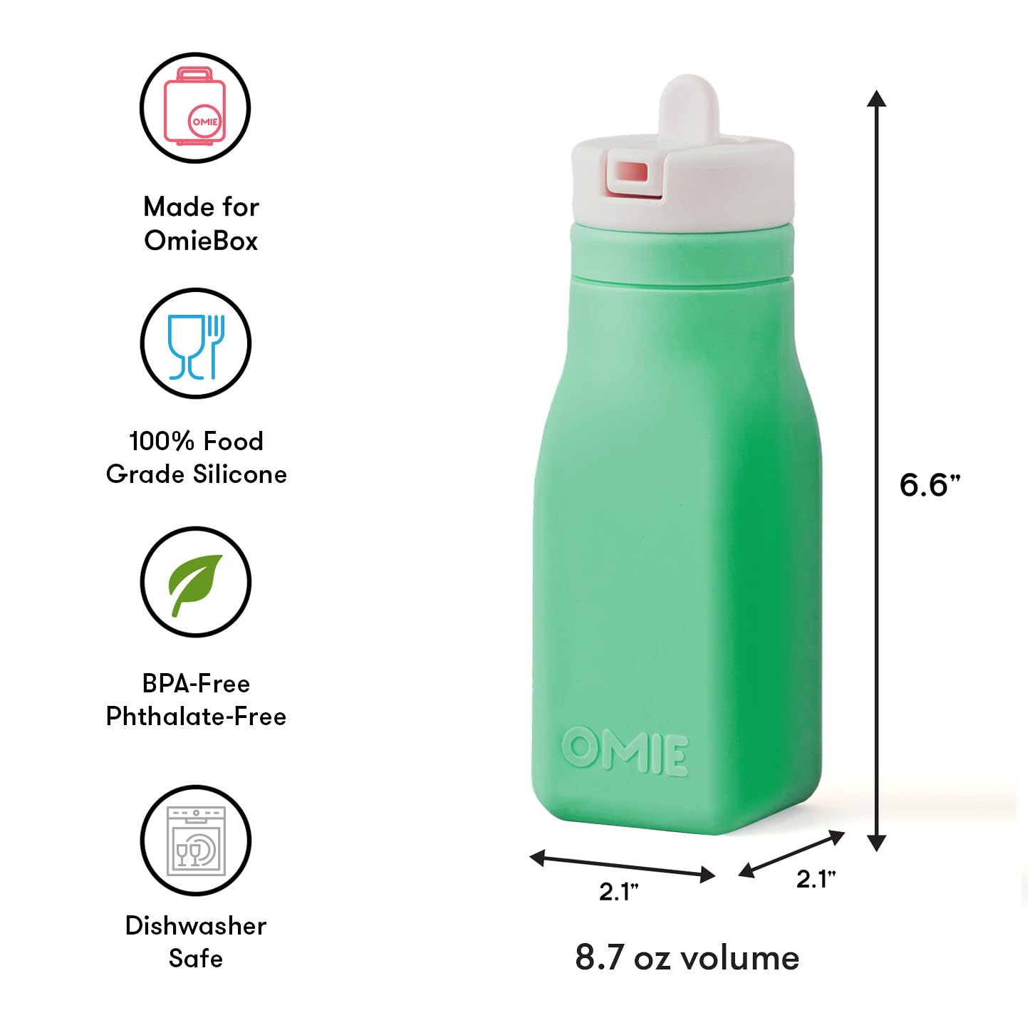 Omie silicone bottle has a smooth surface and is dishwasher-safe
