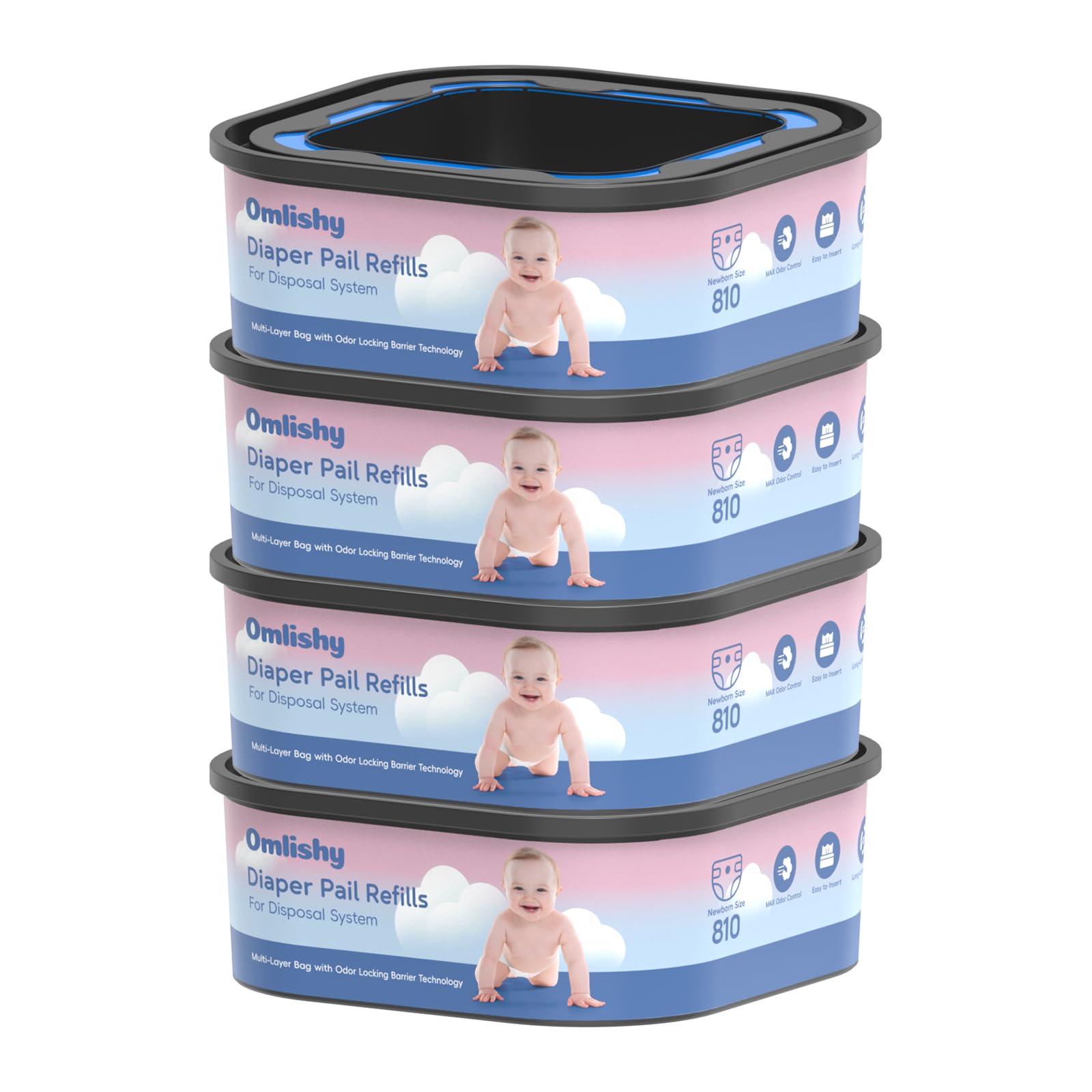 Omlishy Jumbo Square Bags refill for Compact pails shows odor-control and easy-cut design.