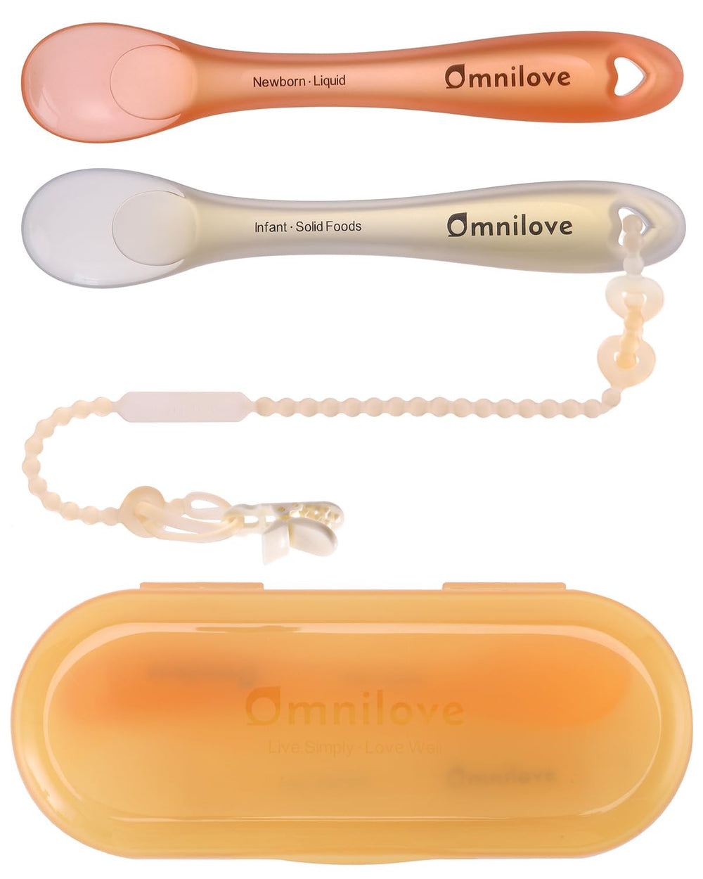 Omnilove silicone baby spoons with case, ideal for travel feeding convenience