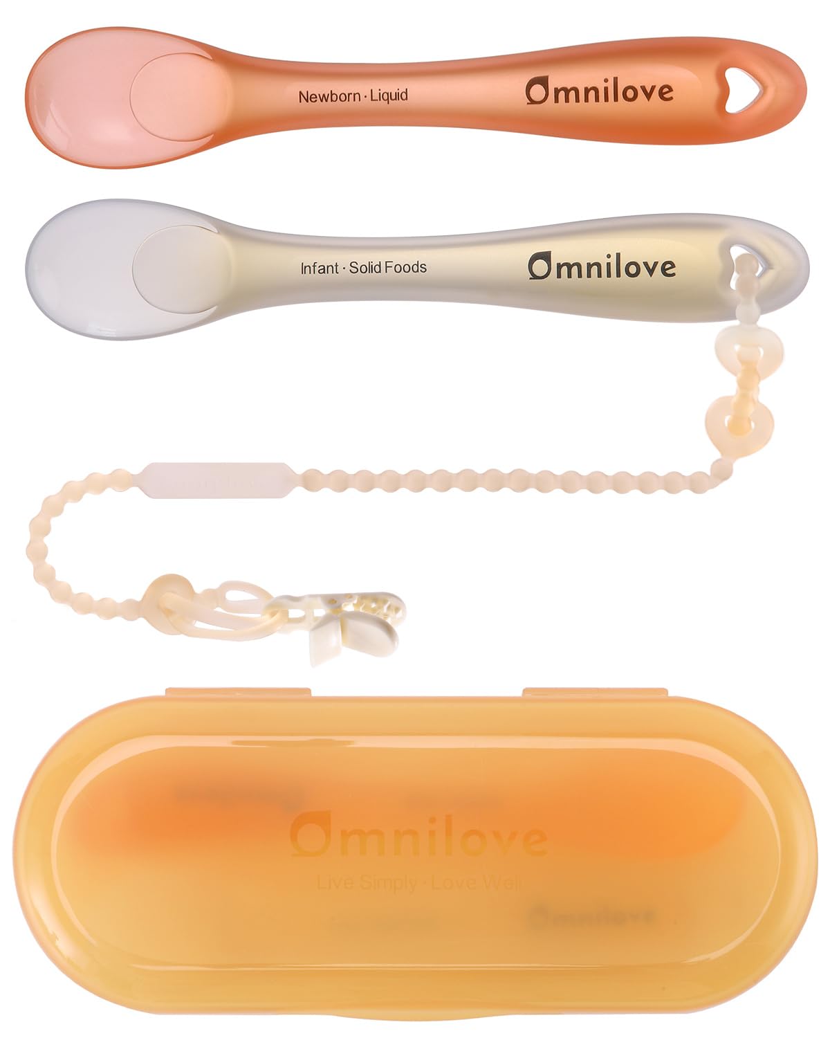 Omnilove silicone baby spoons with case, ideal for travel feeding convenience