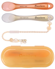Omnilove silicone baby spoons with case, ideal for travel feeding convenience