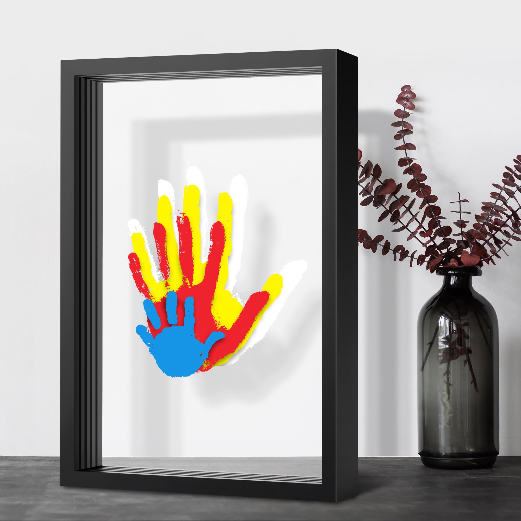 Omrhvi family handprint kit in wooden frame ready for display