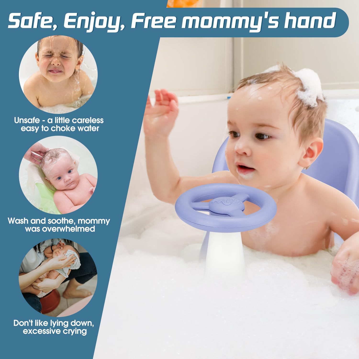 OMYbaby bath seat with tray blue ergonomic backrest enhances posture during baths.