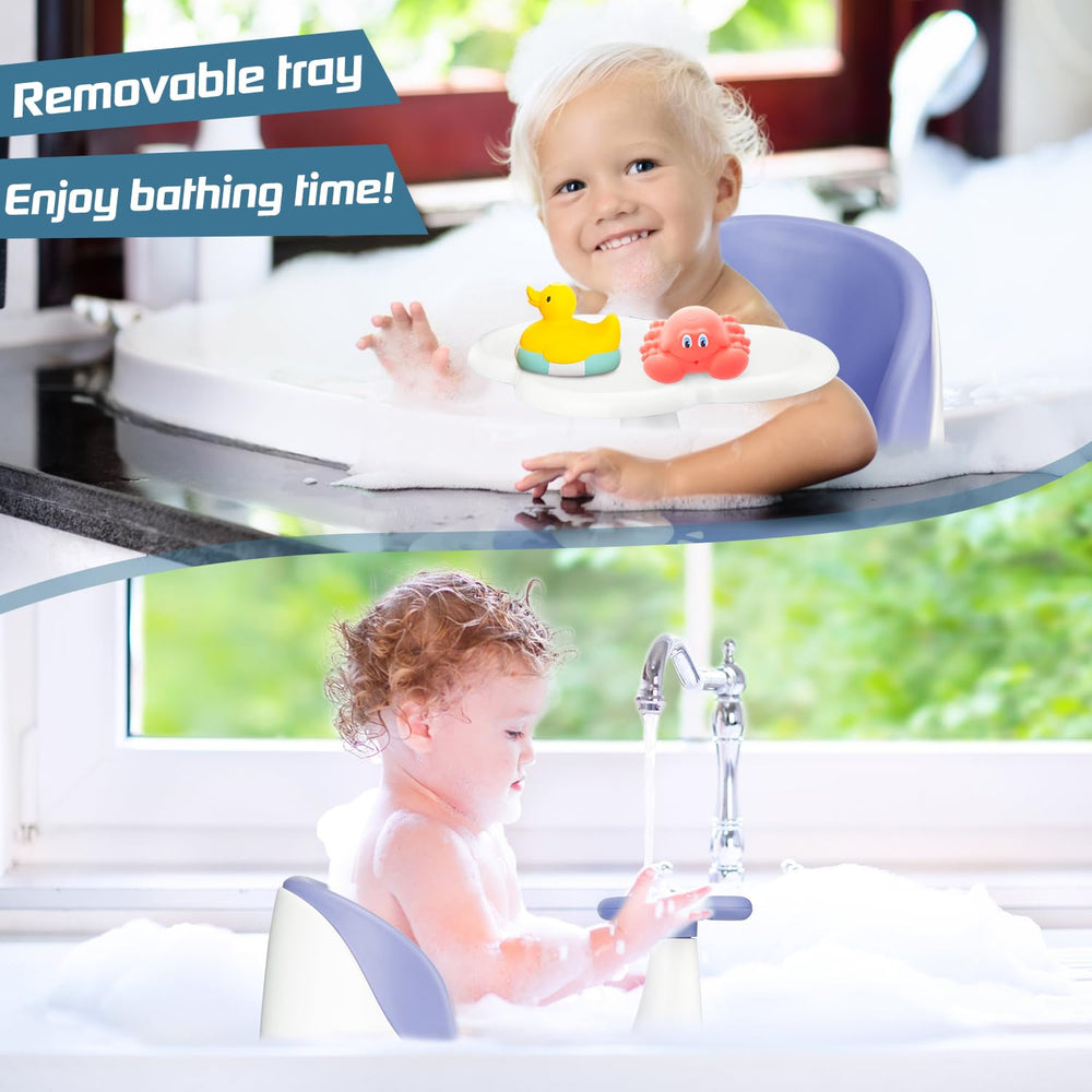 OMYbaby bath seat with tray blue soft cushion supports gentle comfort.