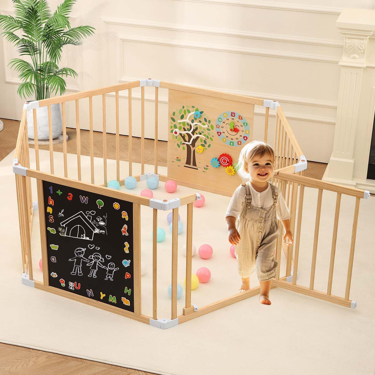 OMYbaby wood playpen door – secure entry ideal for easy supervision during playtime.