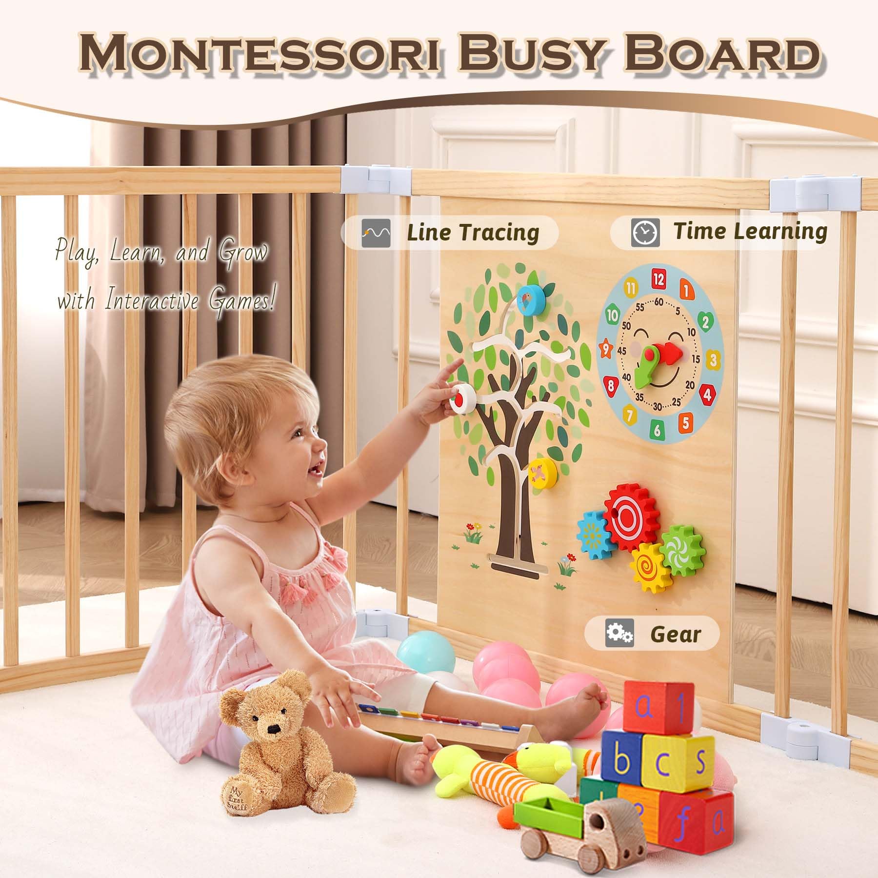 OMYbaby wood playpen rotating connectors – flexible layouts adapt to spaces of any size.