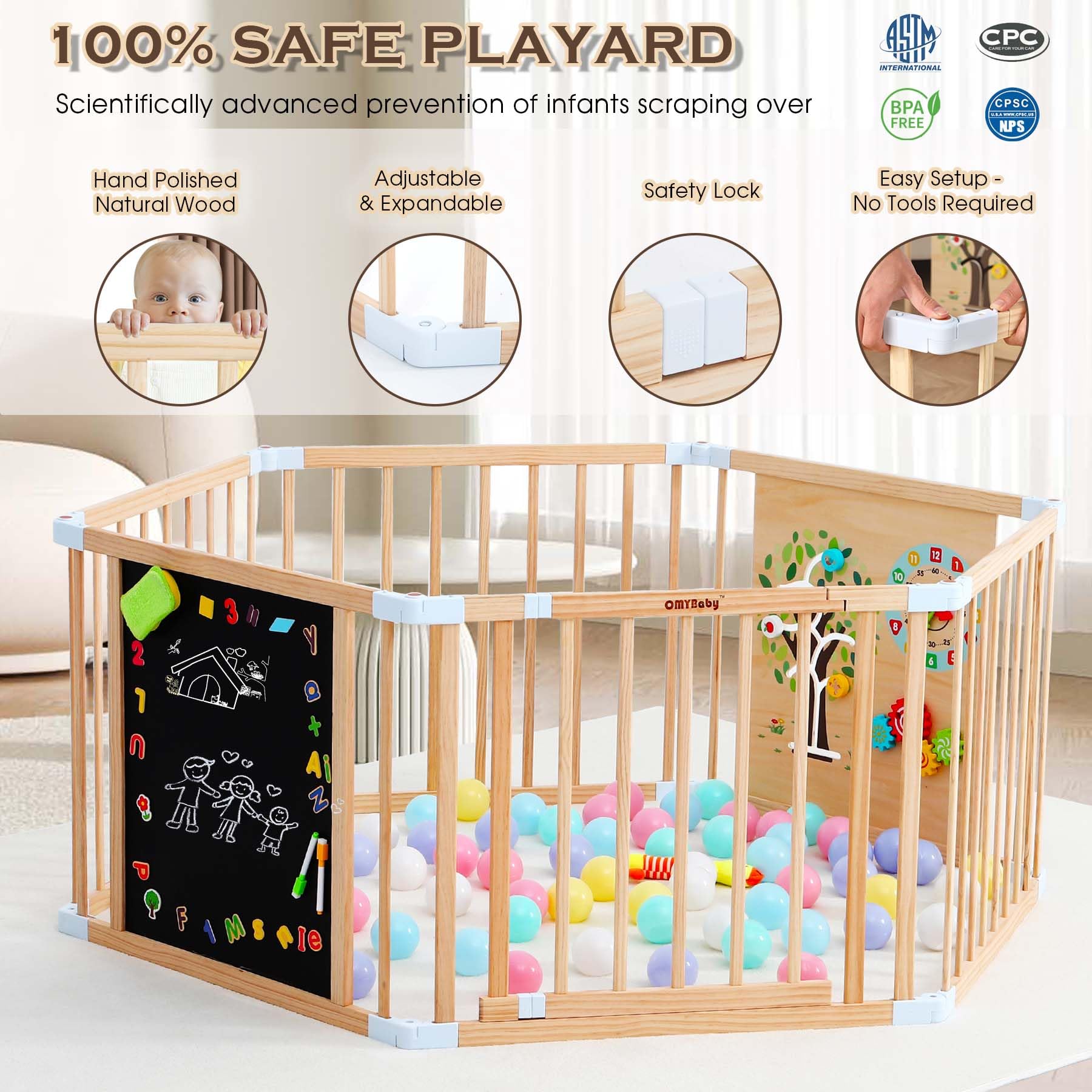 OMYbaby wood playpen smooth finish – hand-polished surface for gentle touch and safer exploration.