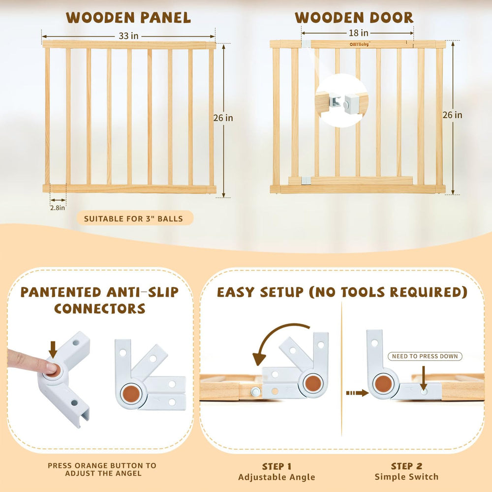 OMYbaby wooden baby gate stands 26 inches tall for contained active play.