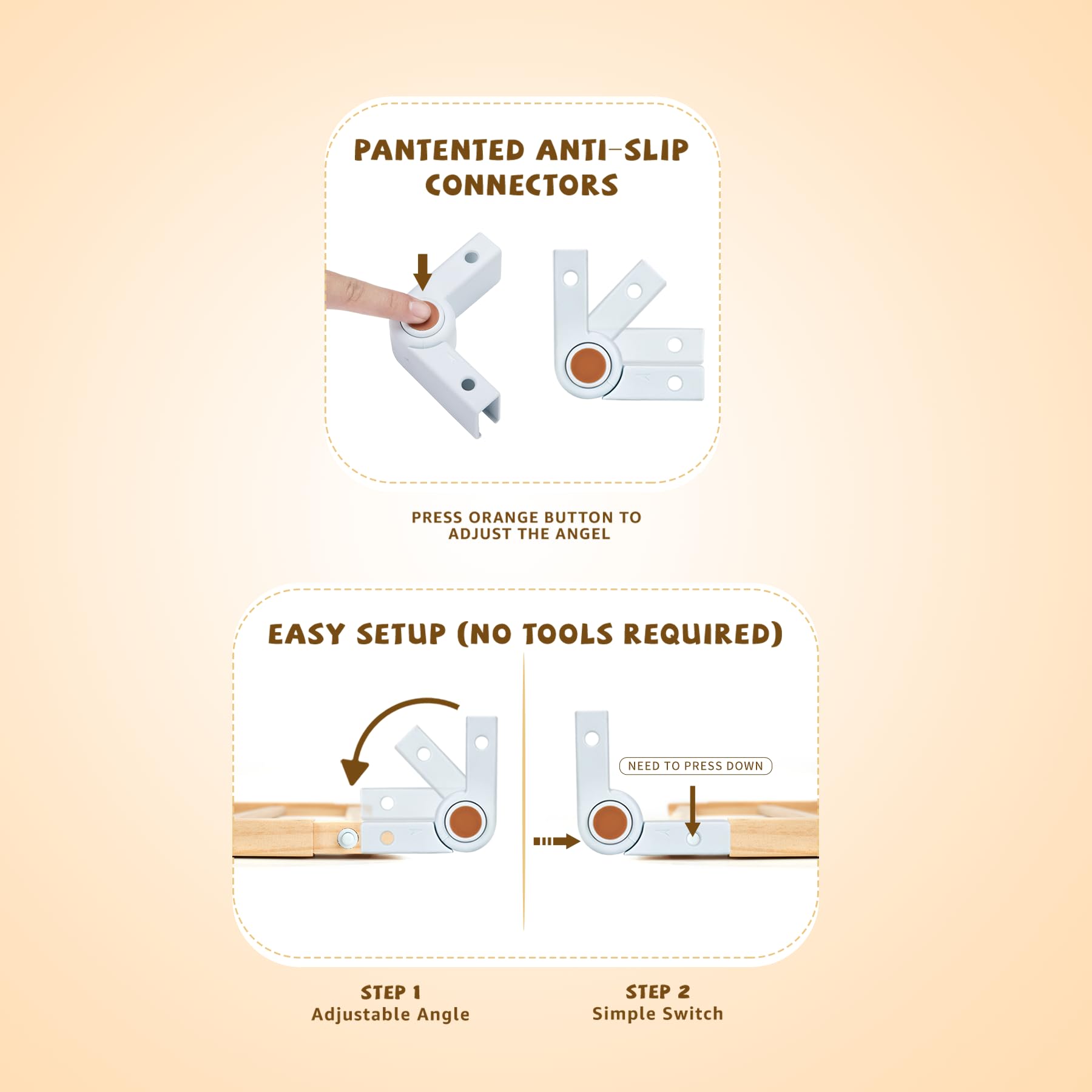 OMYbaby wooden playpen connectors showing angle variations for flexible layouts