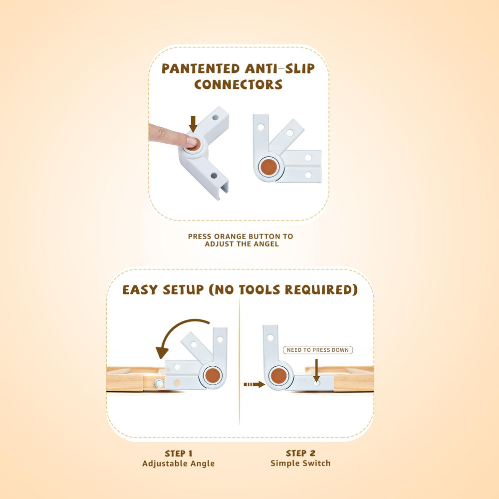 OMYbaby wooden playpen connectors showing angle variations for flexible layouts