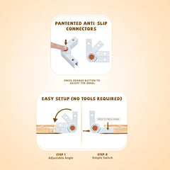 OMYbaby wooden playpen connectors showing angle variations for flexible layouts