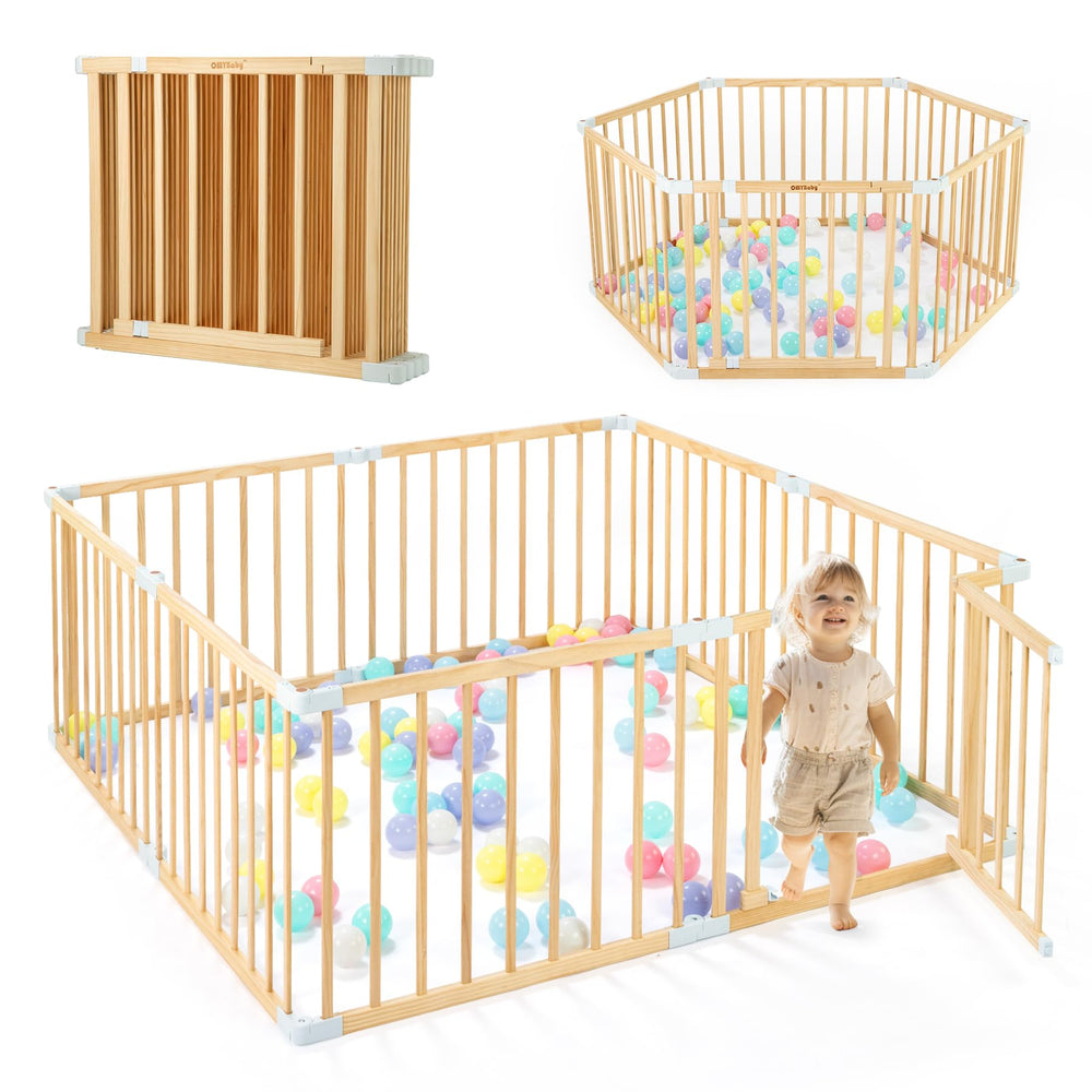 OMYbaby wooden playpen with door creates a secure indoor play area.