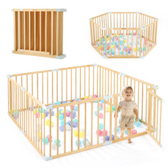 OMYbaby wooden playpen with door creates a secure indoor play area.
