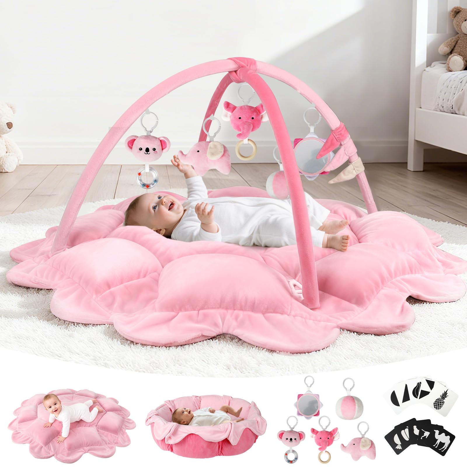 Omzer 5-in-1 baby gym pink cover offers a cozy, safe play space for newborns.