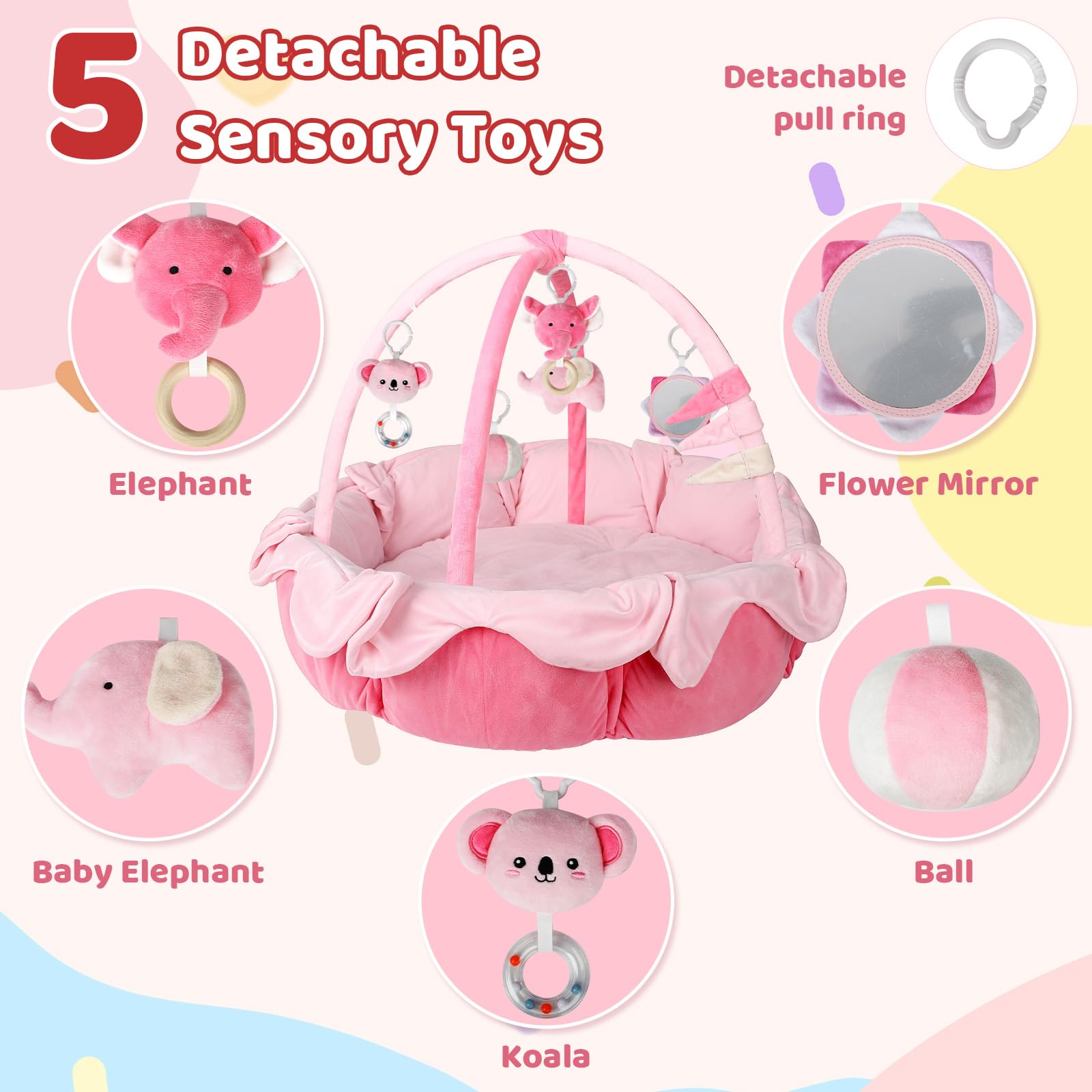 Omzer baby gym detachable toys encourage grasping and sensory exploration.