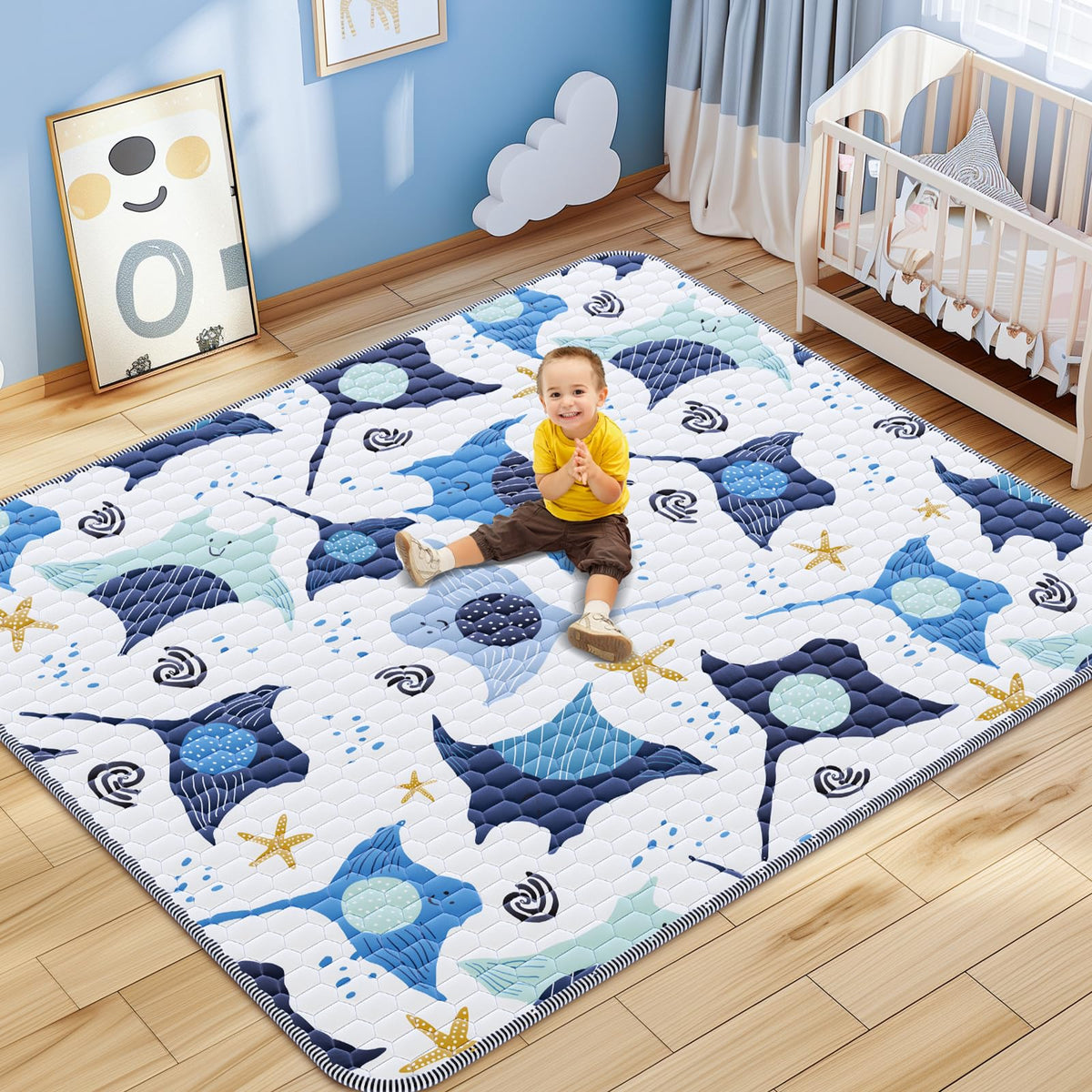 Omzer baby play mat 71x79 inches showcasing soft foam padding for comfortable crawling sessions.