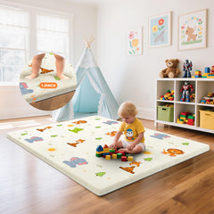 Omzer baby play mat cushion close-up shows 1.3-inch foam for gentle landings.