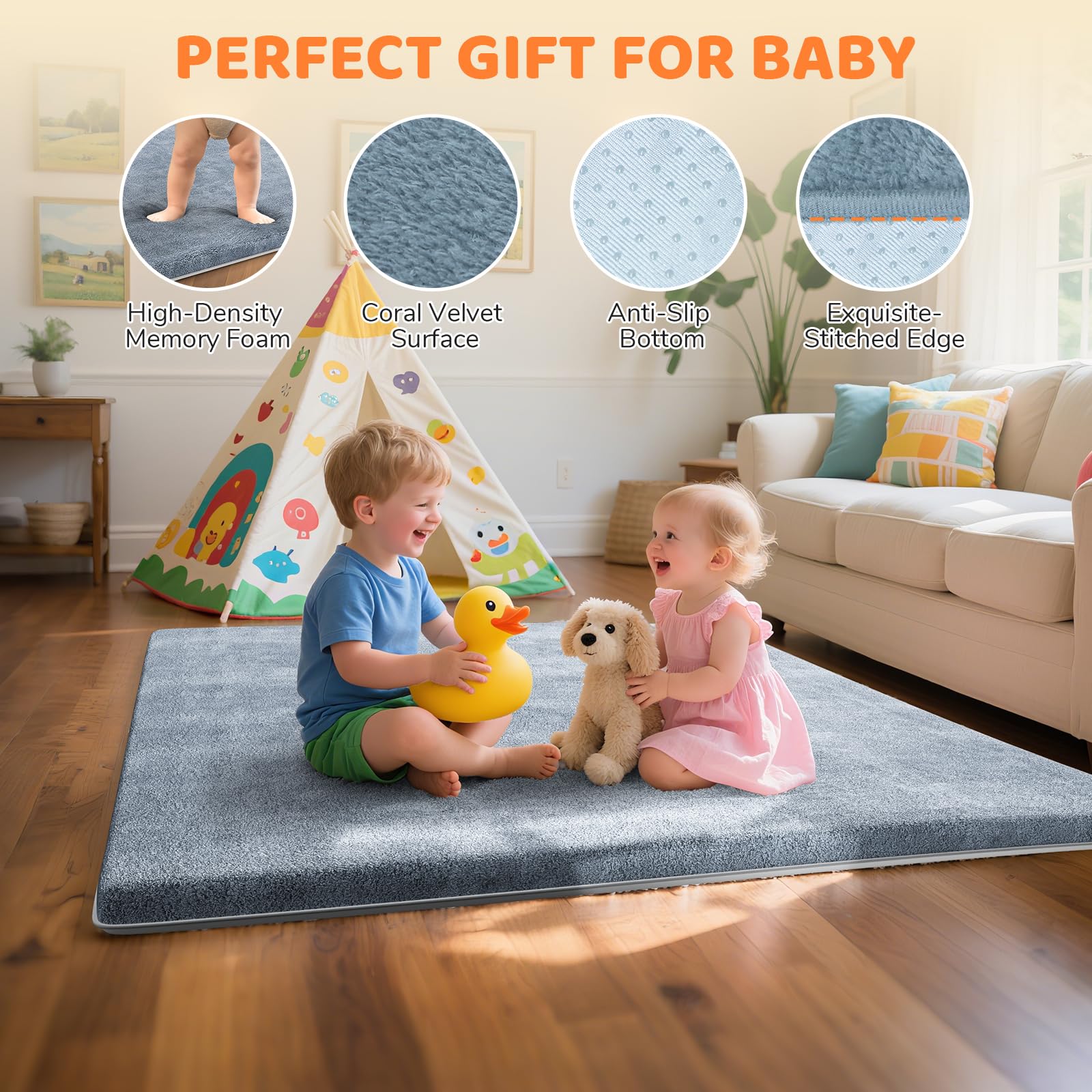 1.3-inch memory foam cushion softens tumbles during crawling.