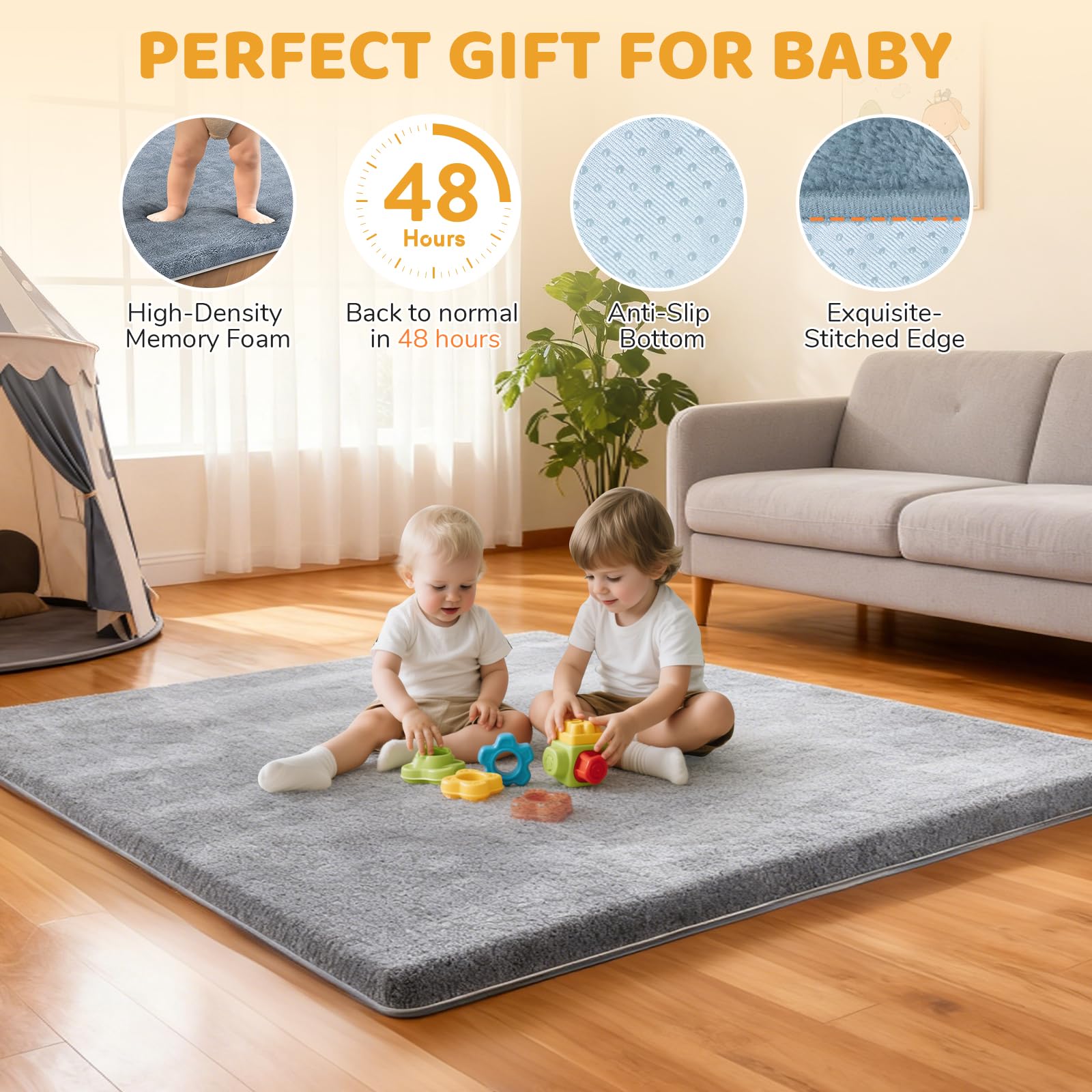 Omzer baby play mat light grey color complements nursery decor.