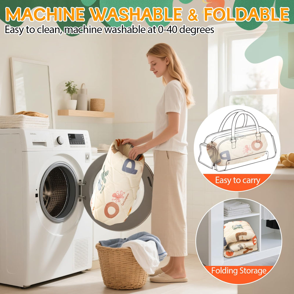 Omzer baby play mat machine washable soft foam padding remains comfy after washing.