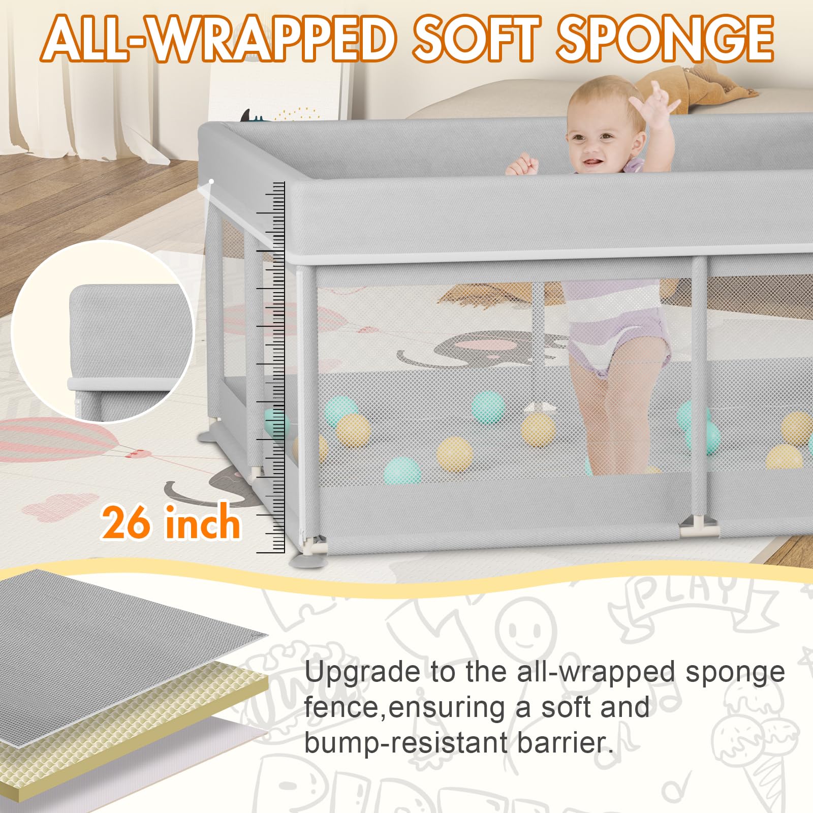 Omzer Baby Playpen in-use scene shows a supervised toddler at play.
