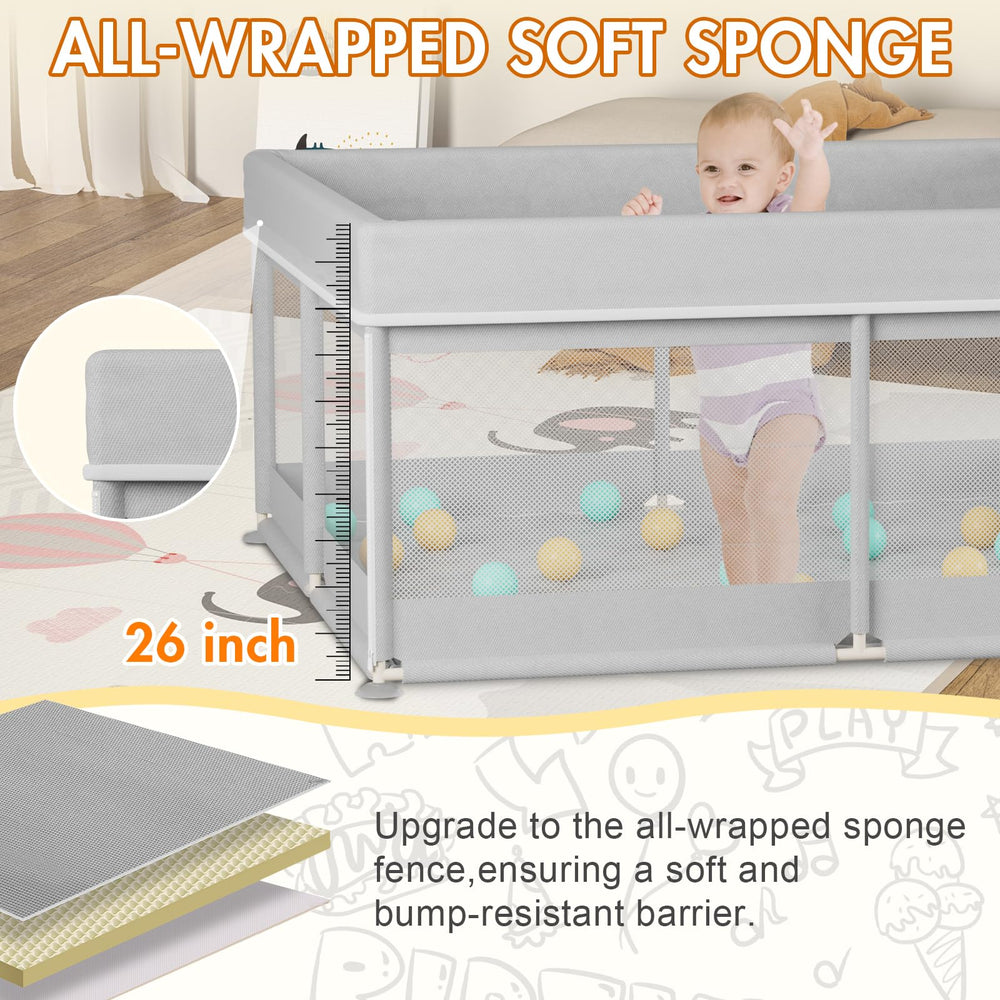 Omzer Baby Playpen in-use scene shows a supervised toddler at play.