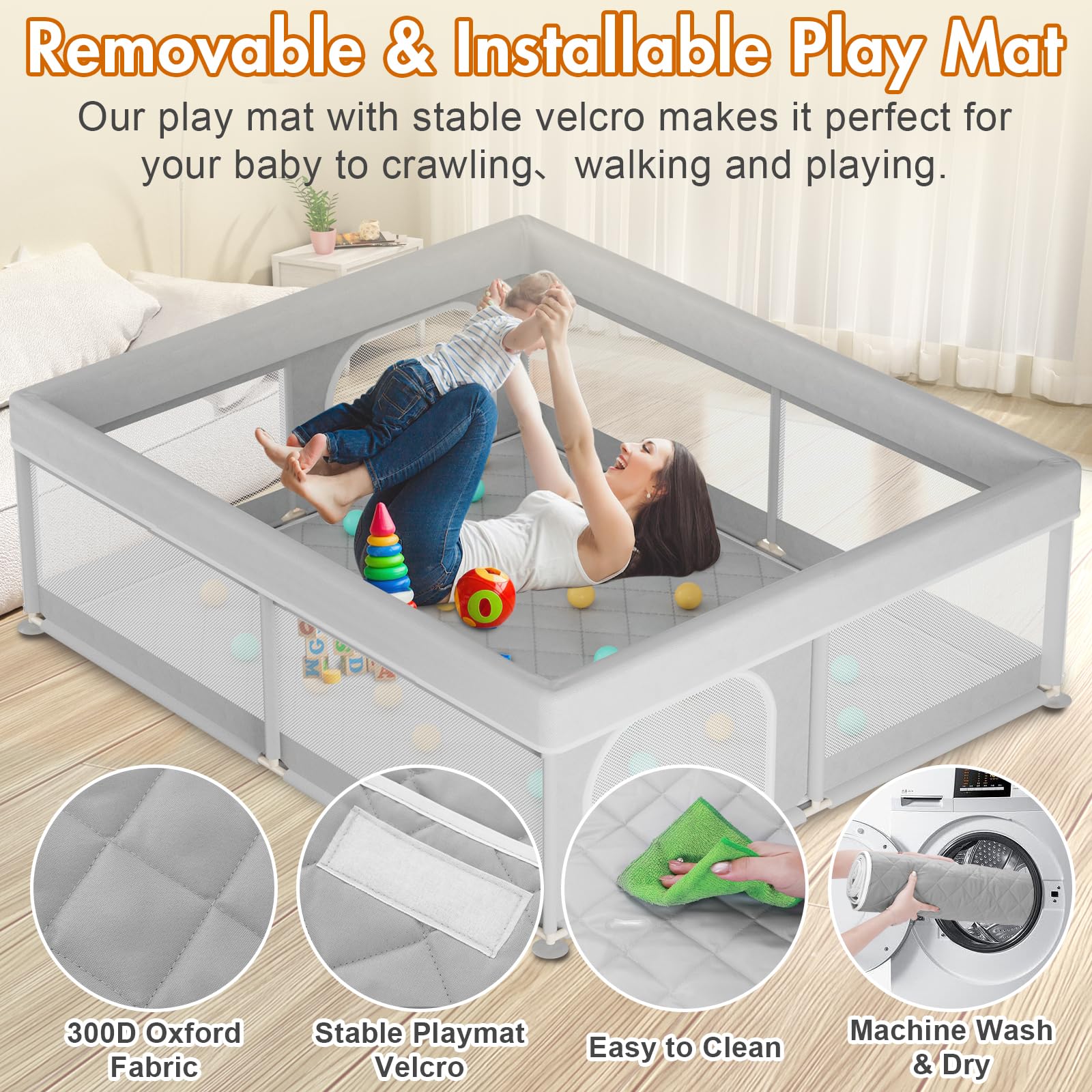 Omzer Baby Playpen magic-sticker feature keeps panels securely aligned.